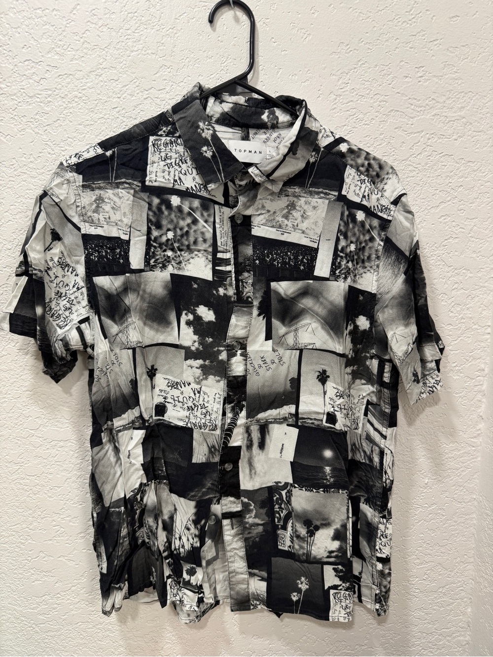Topman Black & White Photo Collage Short Sleeve Button-Up Shirt